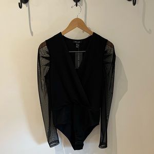 New Look from ASOS black bodysuit with faux wrap front and sheer sleeves, new
